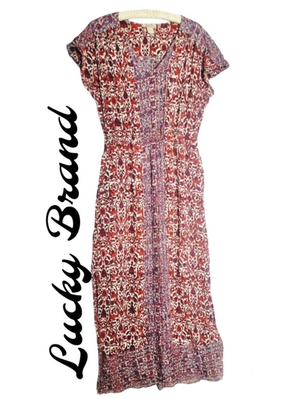 Vintage Lucky Brand Boho Batik Rust and Cream Printed Maxi Dress Size Medium